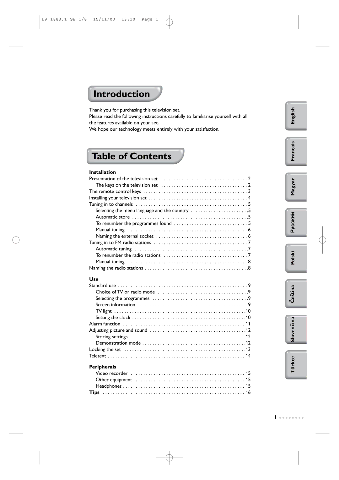 Philips Television TV manual Introduction, Table of Contents 