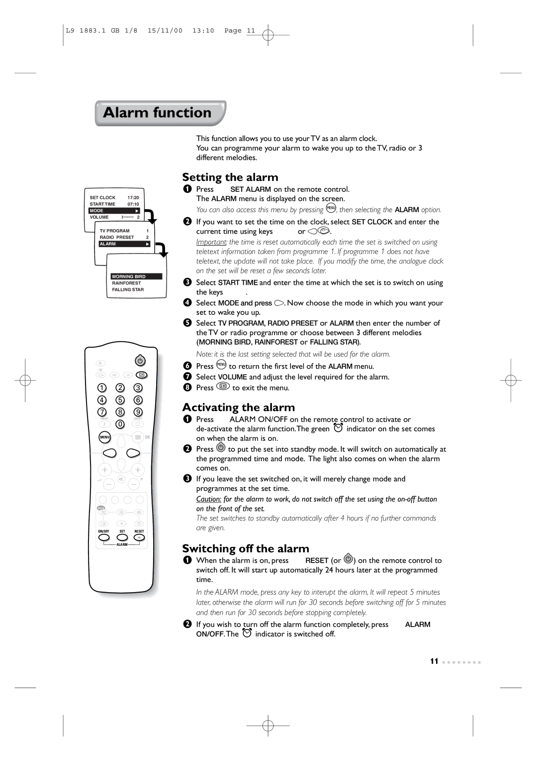 Philips Television TV manual Alarm function, Setting the alarm, Activating the alarm, Switching off the alarm 