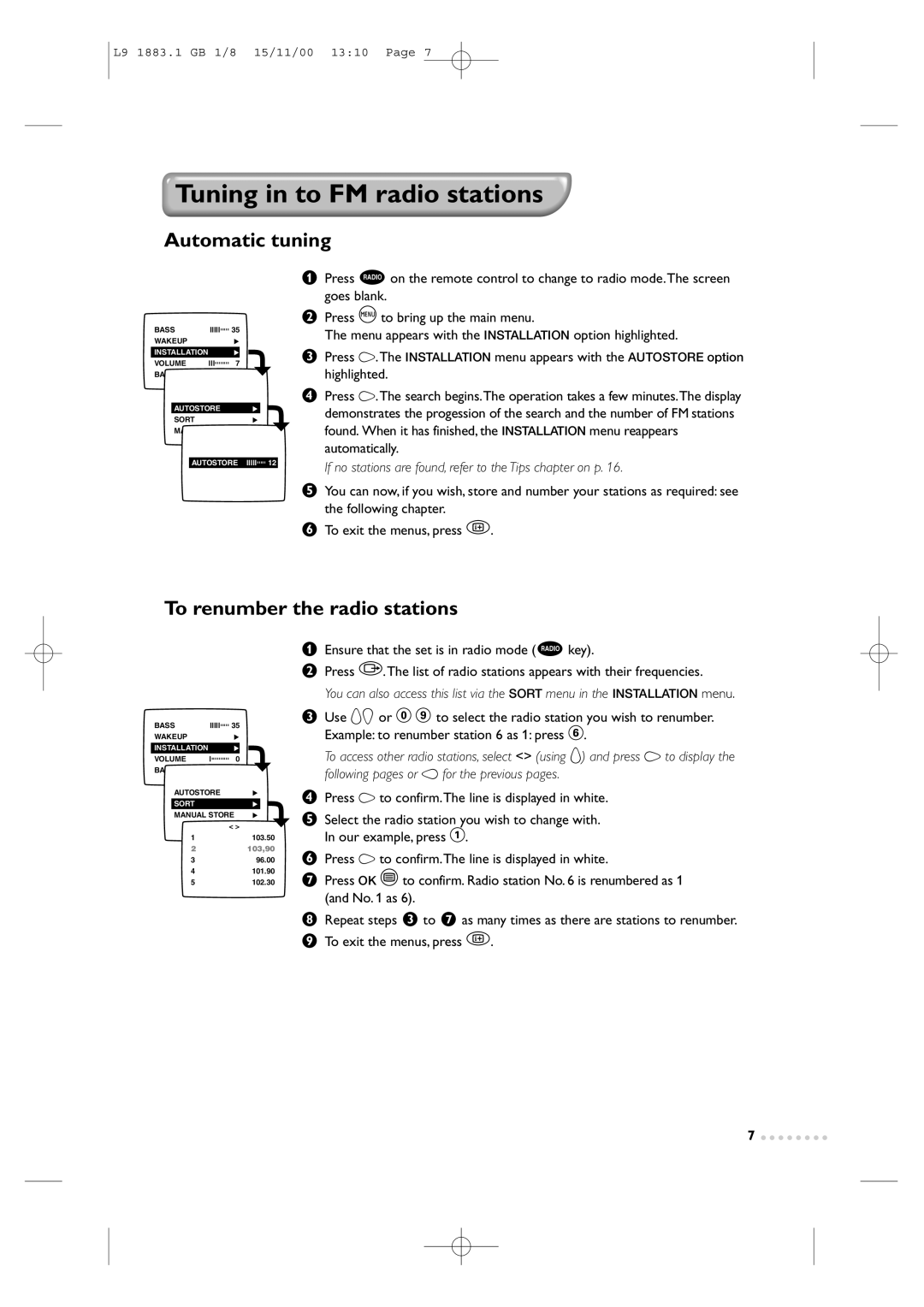 Philips Television TV manual Tuning in to FM radio stations, Automatic tuning, To renumber the radio stations 