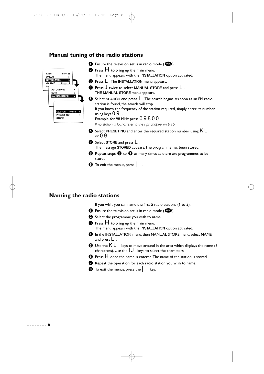 Philips Television TV manual Manual tuning of the radio stations, Naming the radio stations 