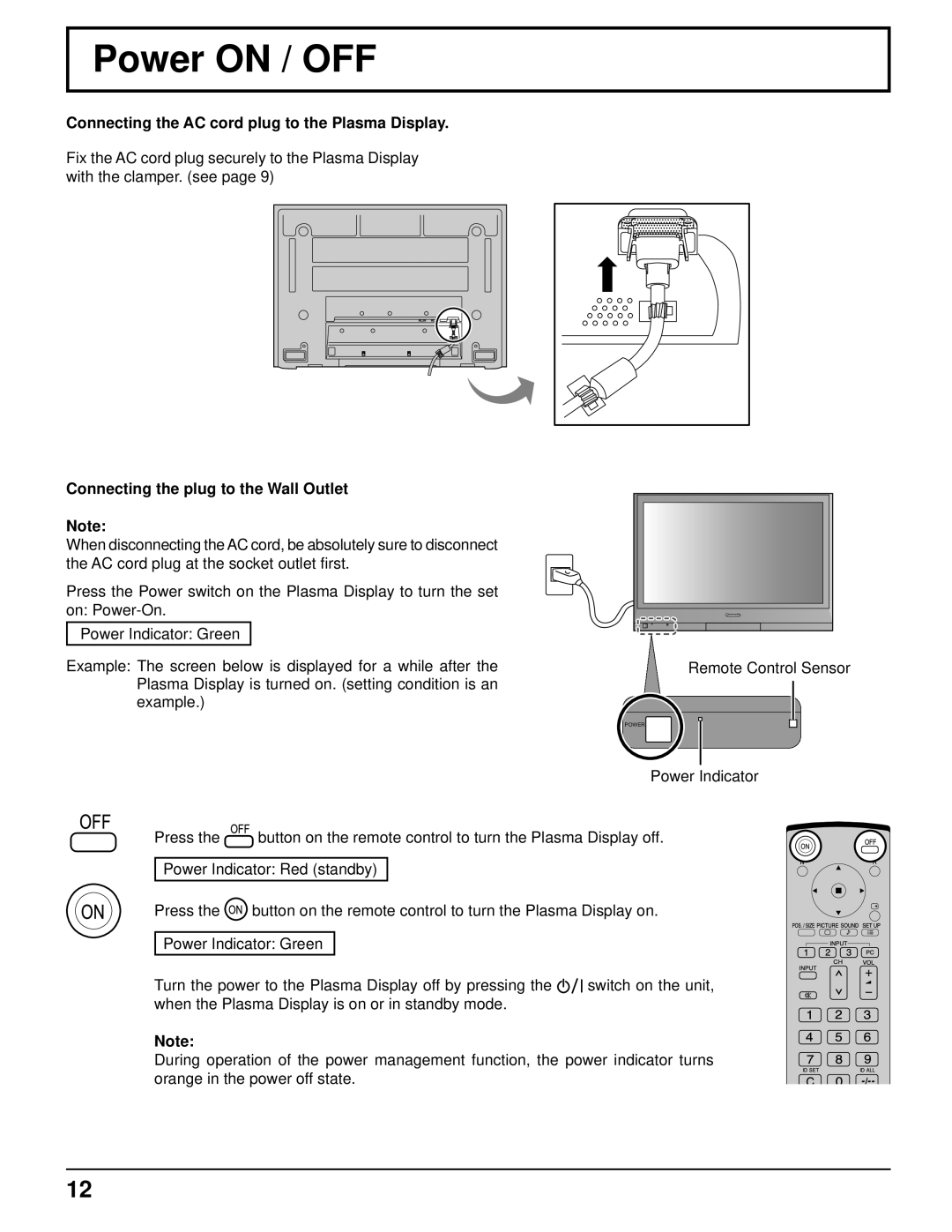 Philips TH-37PR10U operating instructions Power on / OFF, Connecting the AC cord plug to the Plasma Display 