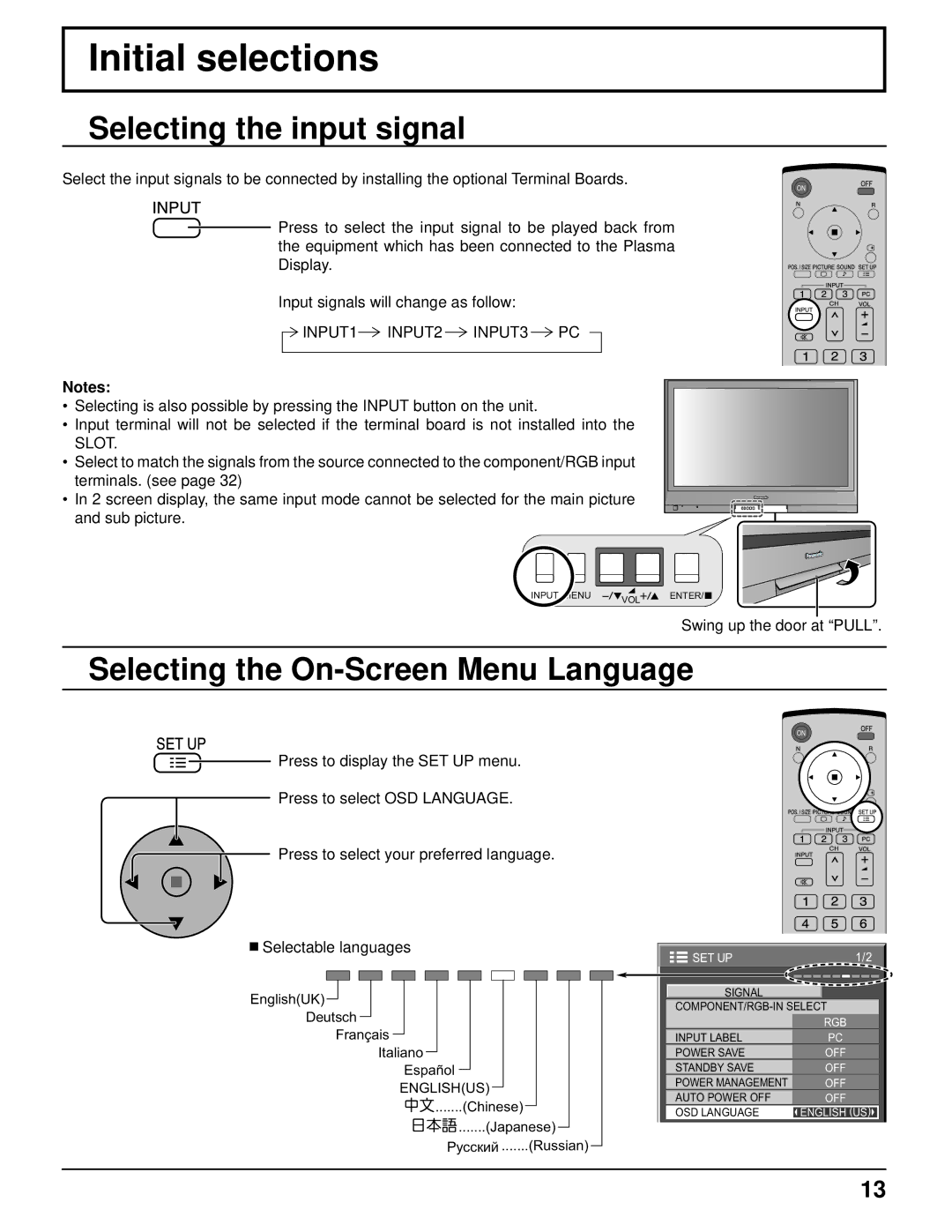 Philips TH-37PR10U Initial selections, Selecting the input signal, Selecting the On-Screen Menu Language 