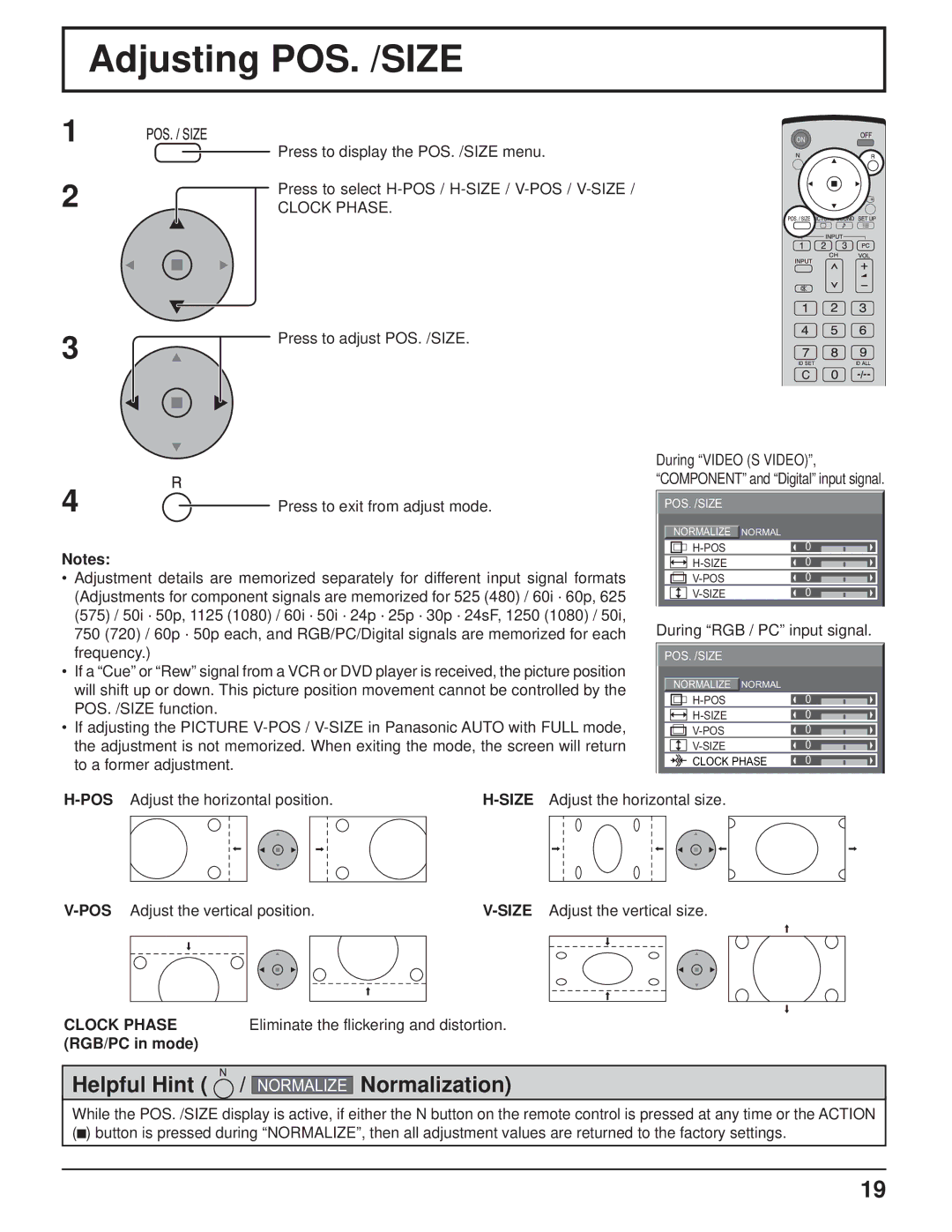 Philips TH-37PR10U Adjusting POS. /SIZE, Clock Phase, Eliminate the flickering and distortion, RGB/PC in mode 