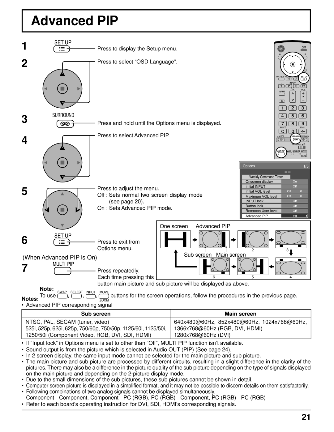 Philips TH-37PR10U One screen Advanced PIP Press to exit from Options menu, Sub screen Main screen 