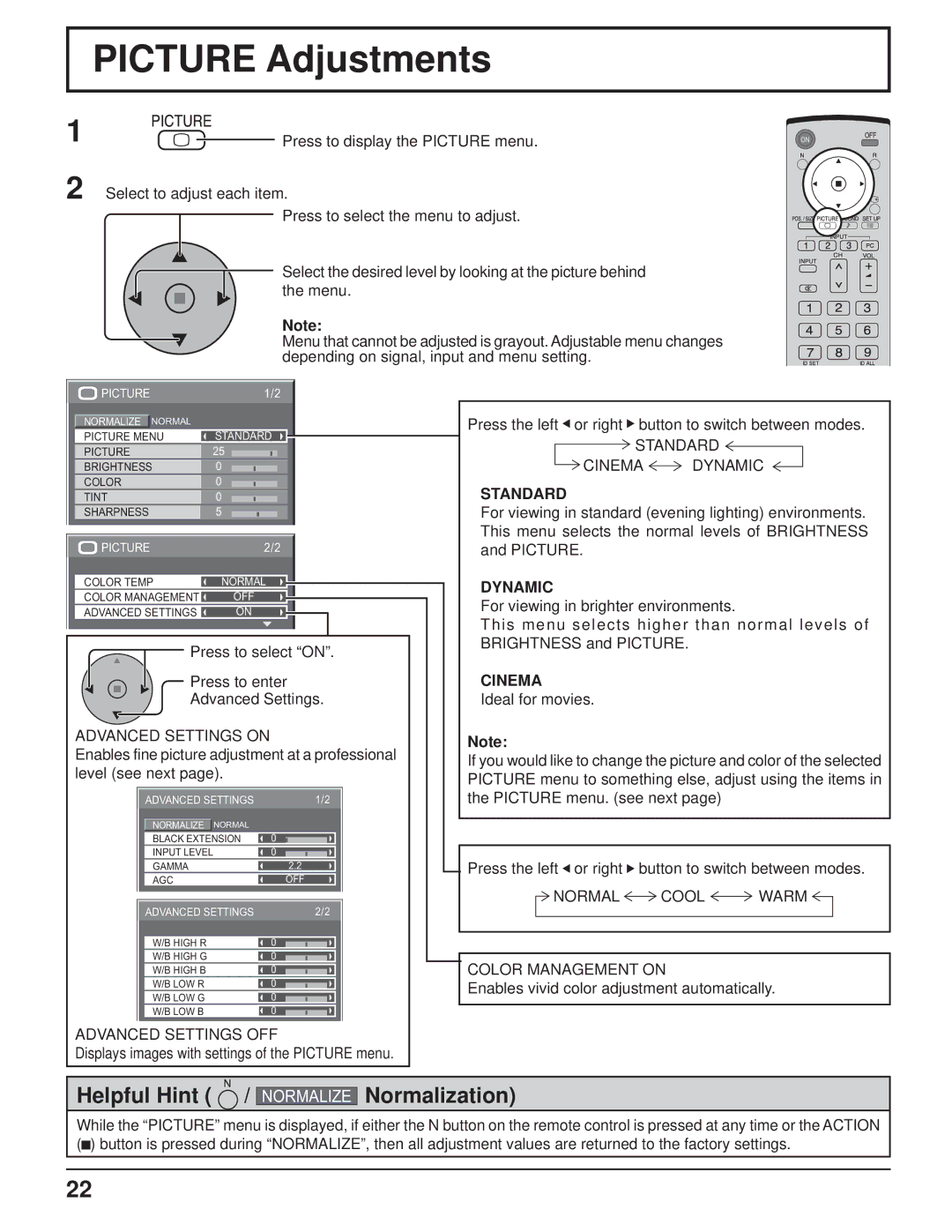 Philips TH-37PR10U operating instructions Picture Adjustments, Standard, Dynamic, Cinema 