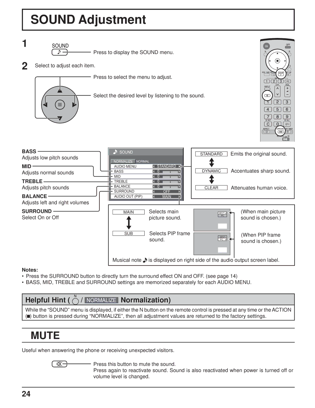 Philips TH-37PR10U operating instructions Sound Adjustment, Mute 