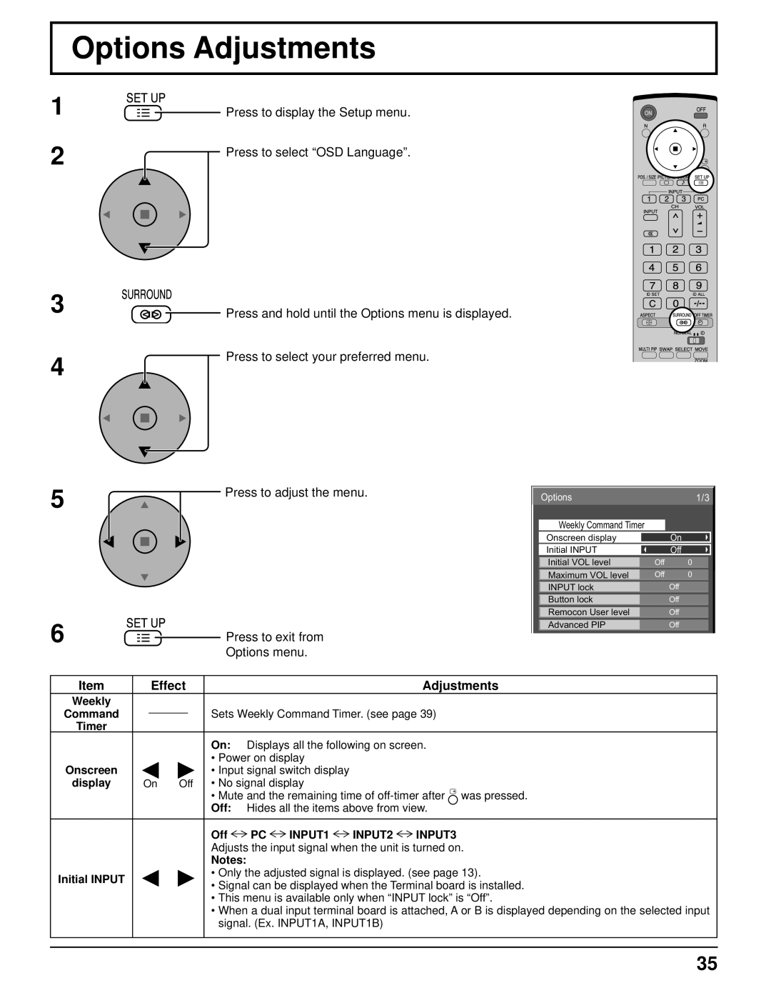 Philips TH-37PR10U operating instructions Options Adjustments 