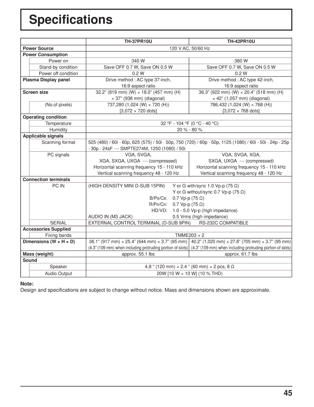 Philips TH-37PR10U operating instructions Specifications 