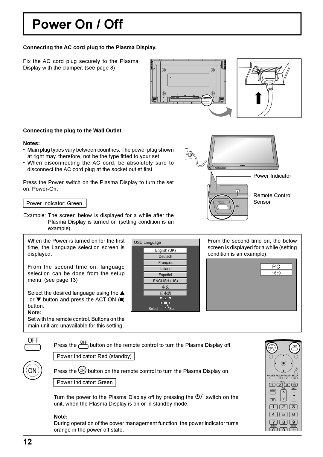 Philips TH-42PH10EK operating instructions Power On / Off, Connecting the AC cord plug to the Plasma Display 