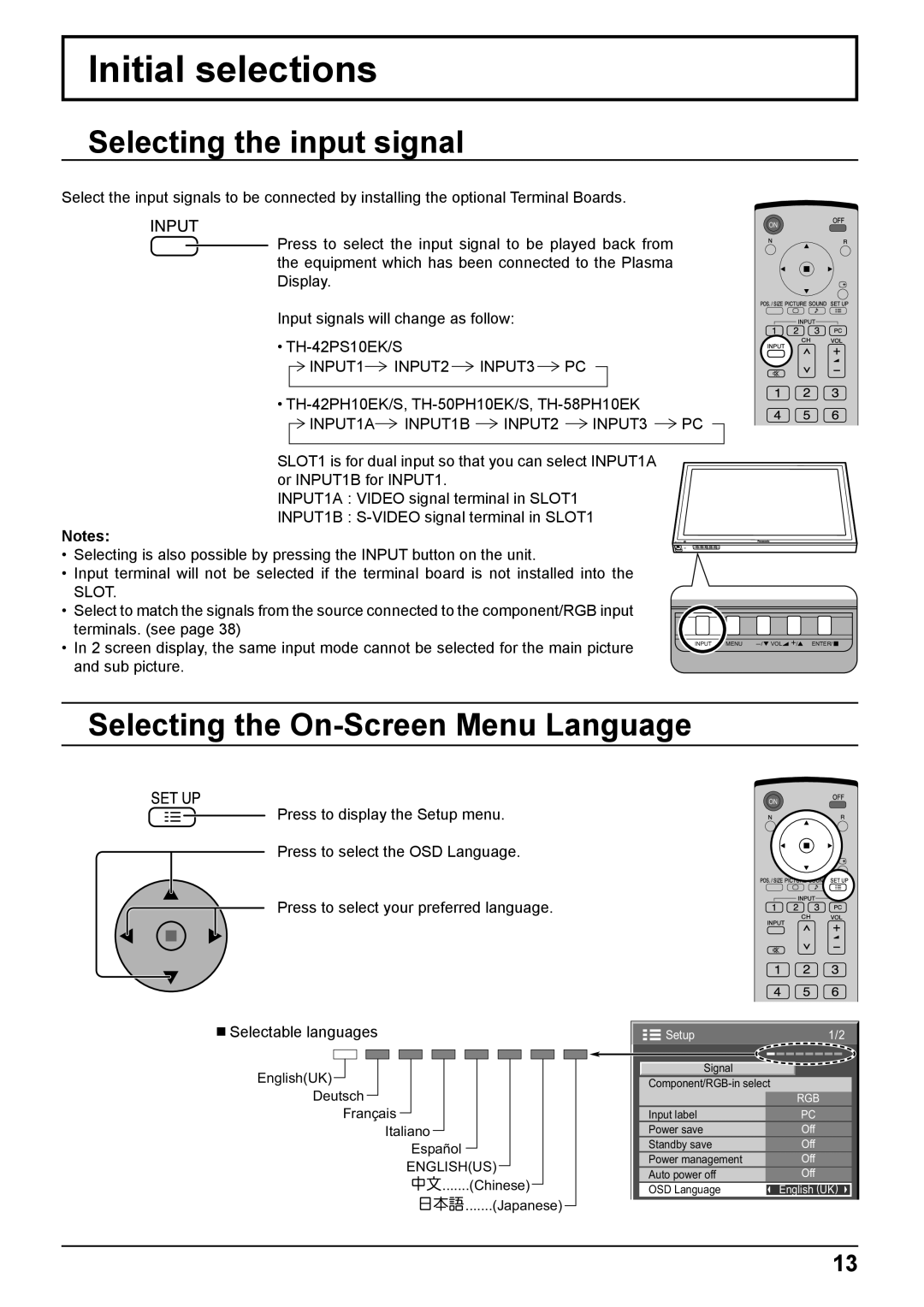 Philips TH-42PH10EK Initial selections, Selecting the input signal, Selecting the On-Screen Menu Language 