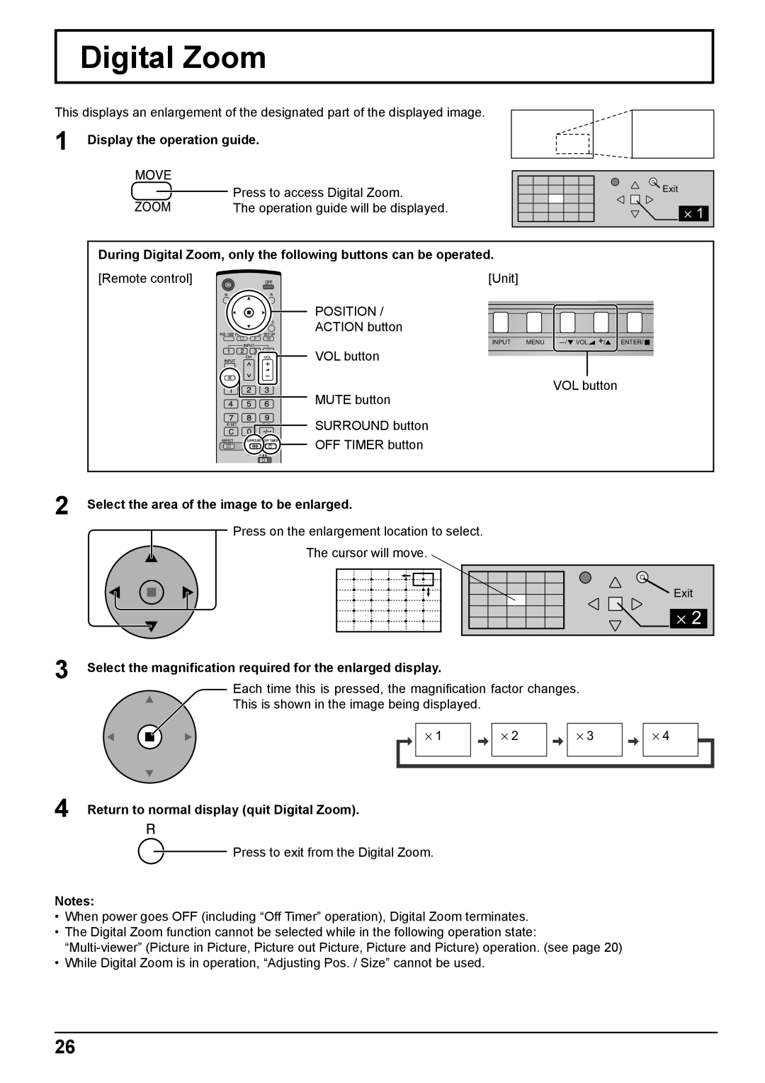 Philips TH-42PH10EK Digital Zoom, Display the operation guide, Select the area of the image to be enlarged 