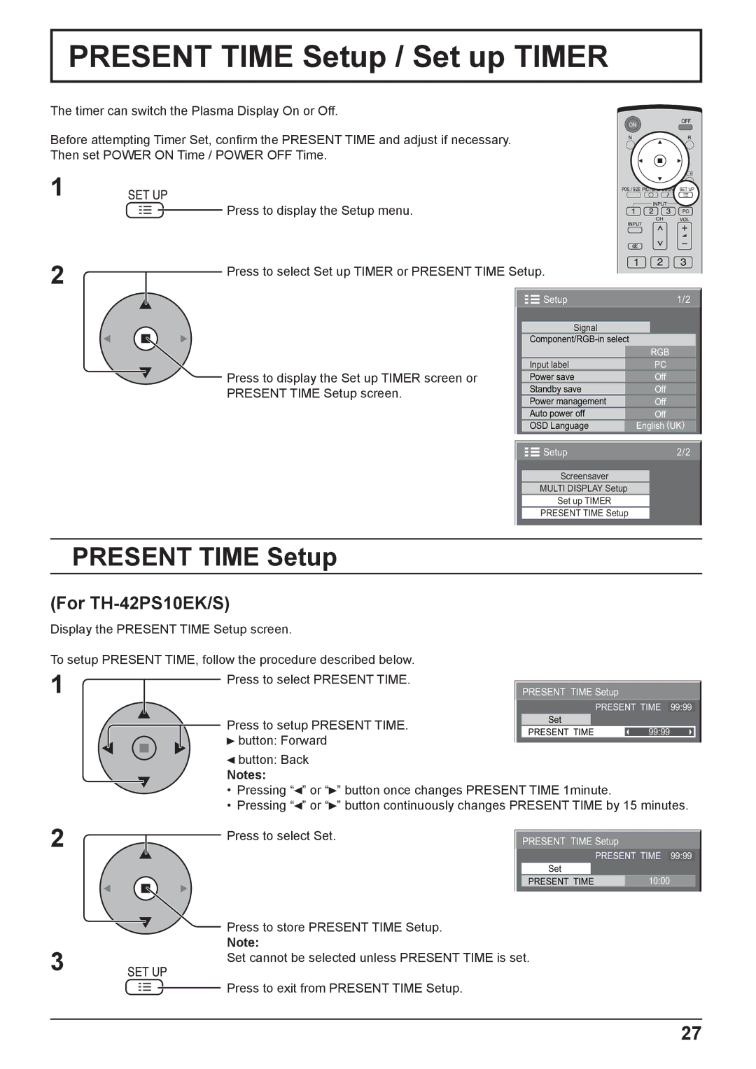 Philips TH-42PH10EK operating instructions Present Time Setup / Set up Timer 