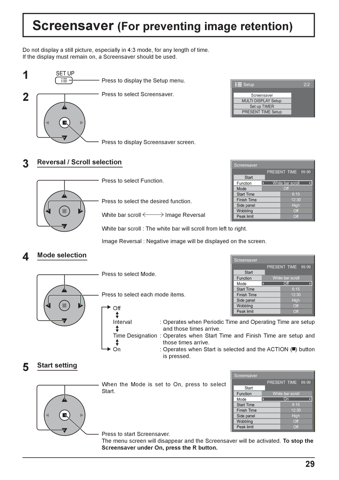 Philips TH-42PH10EK Screensaver For preventing image retention, Reversal / Scroll selection, Mode selection, Start setting 