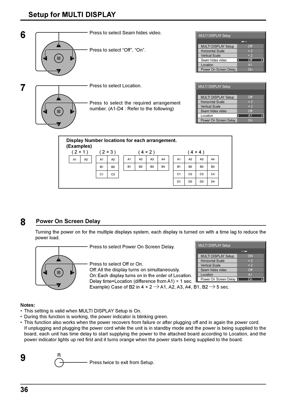 Philips TH-42PH10EK operating instructions Power On Screen Delay, Display Number locations for each arrangement. Examples 