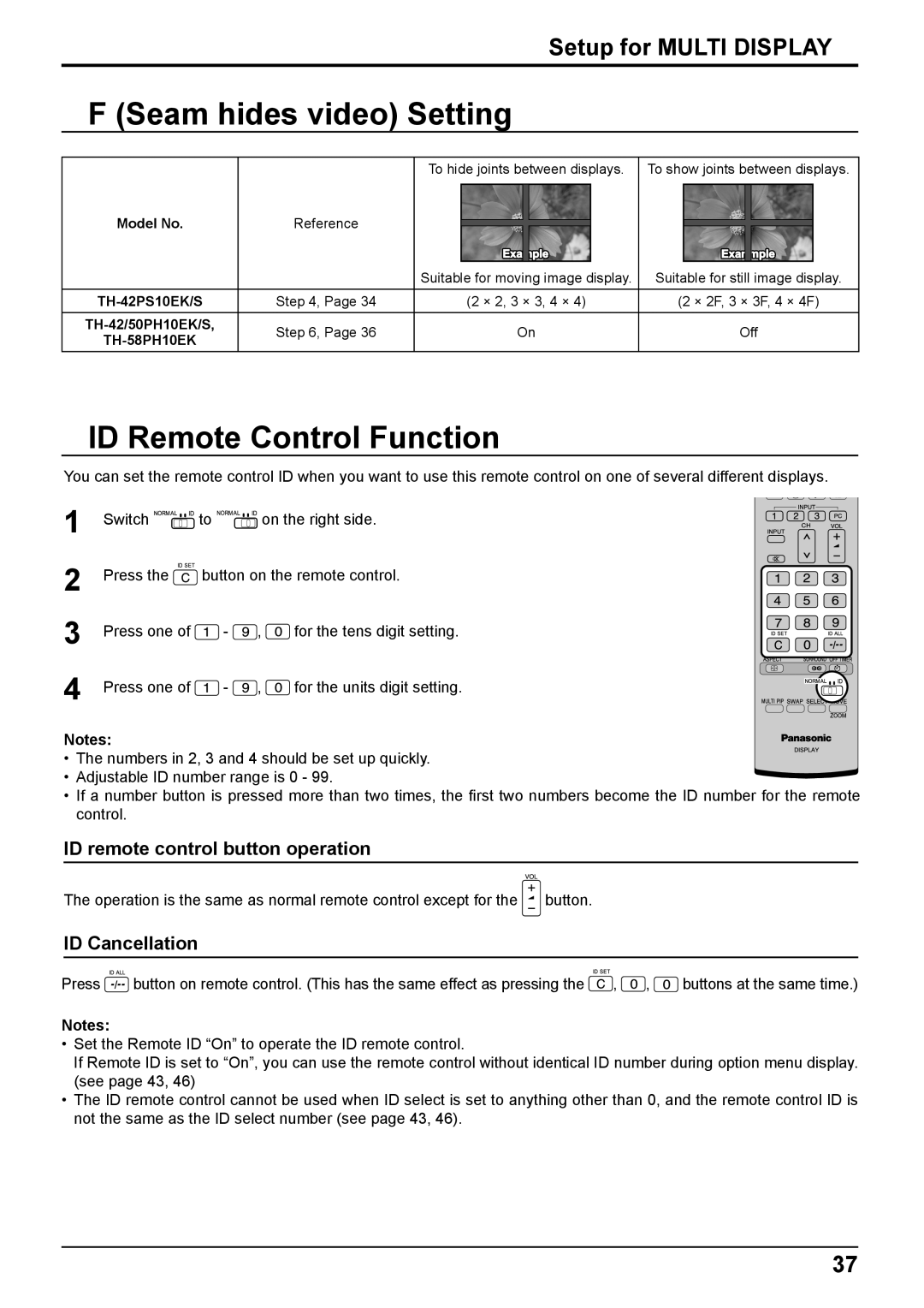 Philips TH-42PH10EK Seam hides video Setting, ID Remote Control Function, ID remote control button operation 