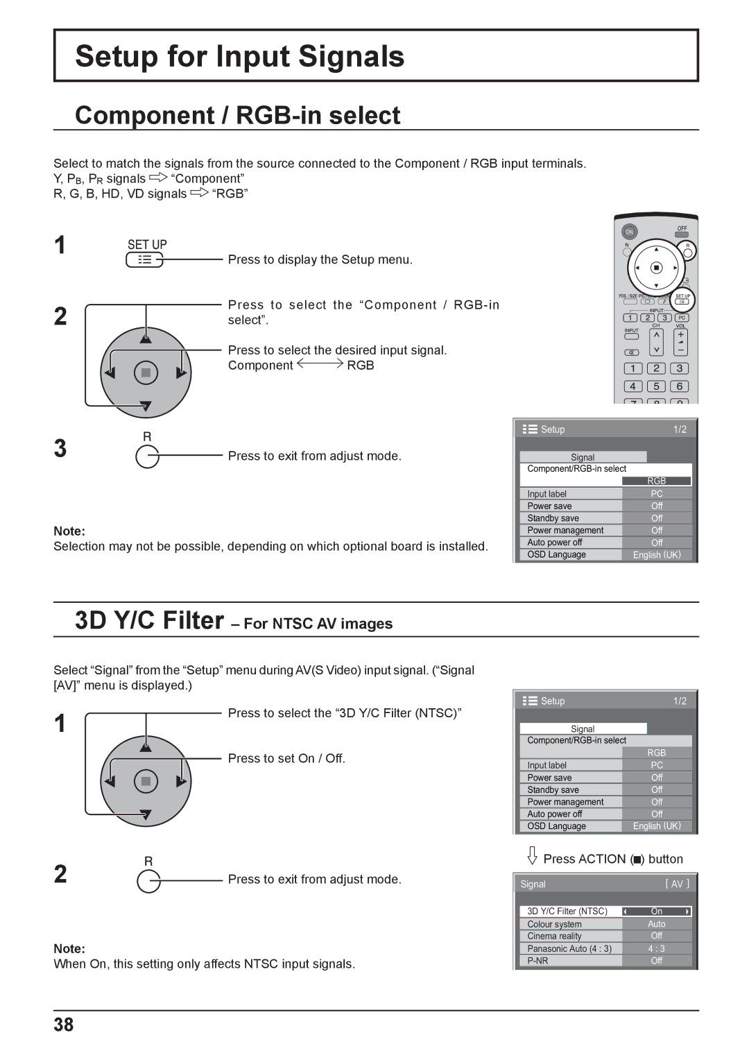 Philips TH-42PH10EK Setup for Input Signals, Component / RGB-in select, 3D Y/C Filter For Ntsc AV images, Rgb 