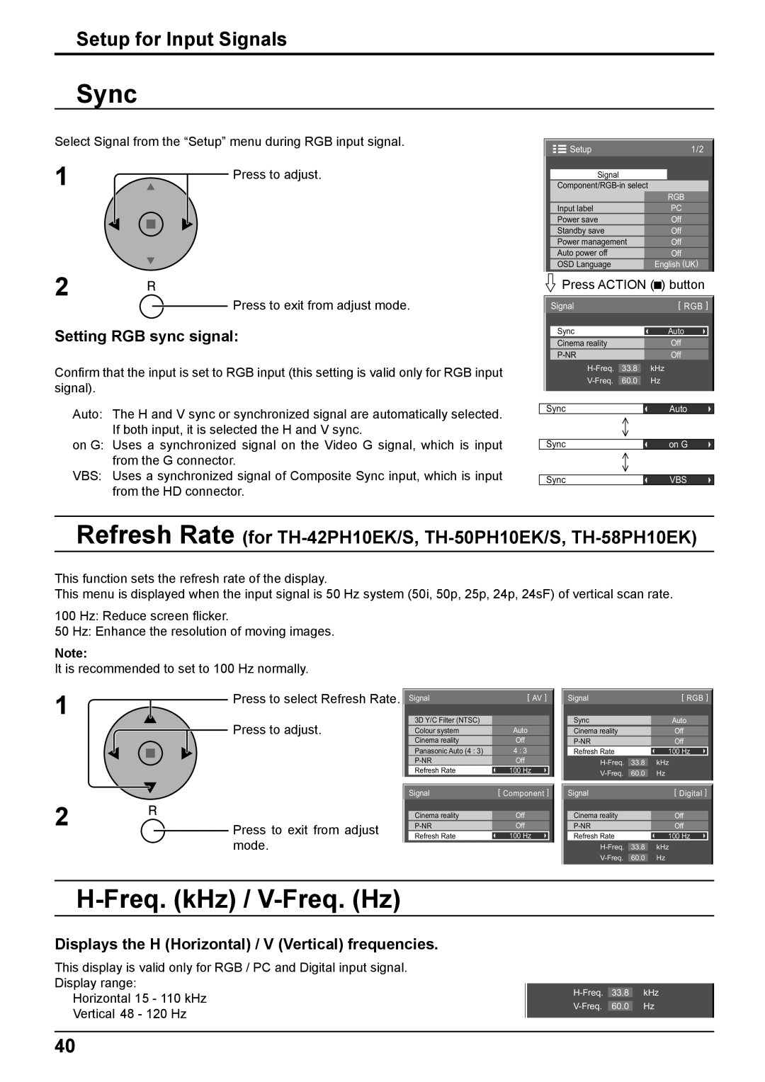 Philips TH-42PH10EK operating instructions Sync, Freq. kHz / V-Freq. Hz, Setting RGB sync signal 