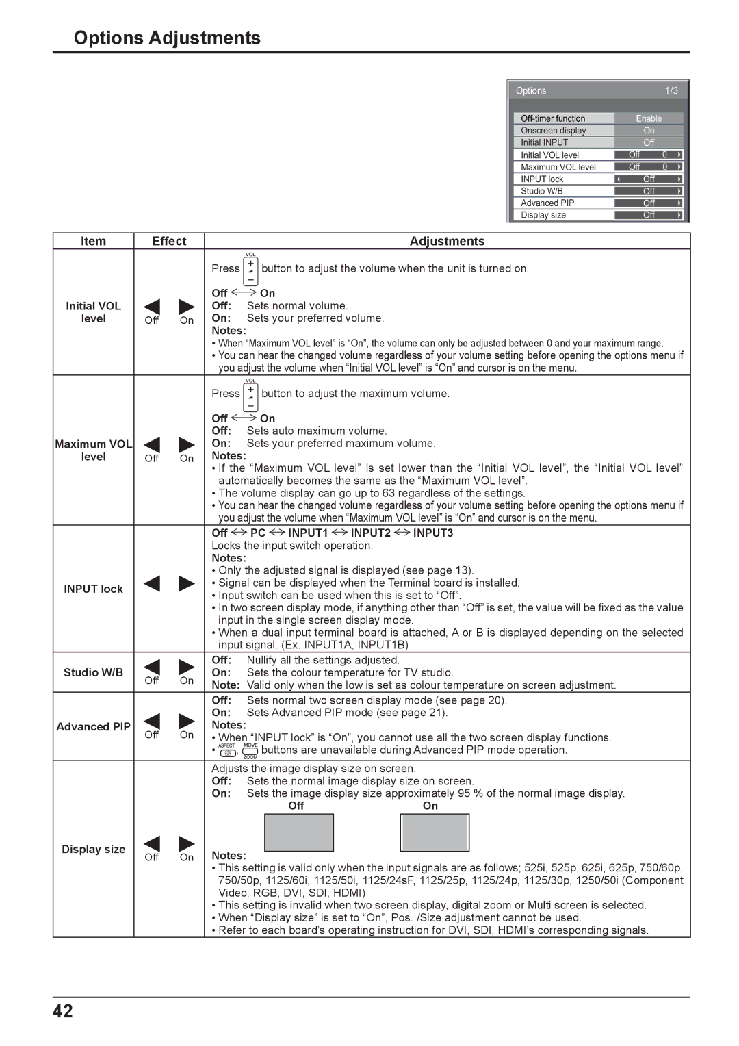 Philips TH-42PH10EK operating instructions Options Adjustments 