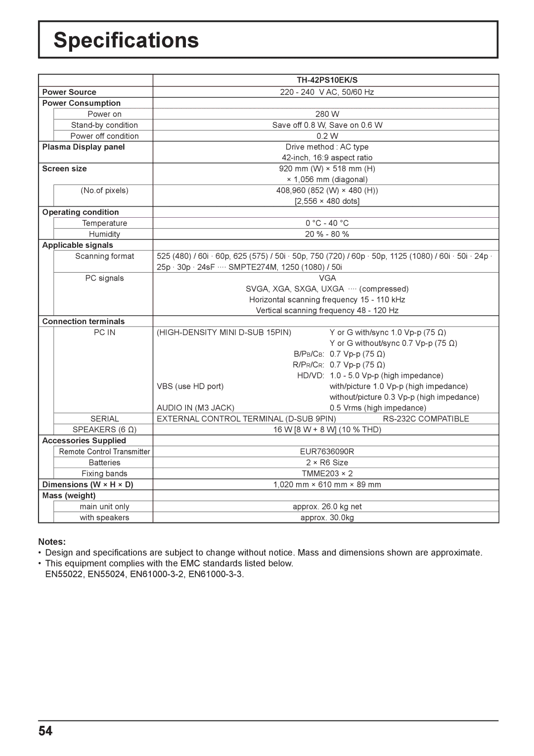 Philips TH-42PH10EK operating instructions Speciﬁcations 