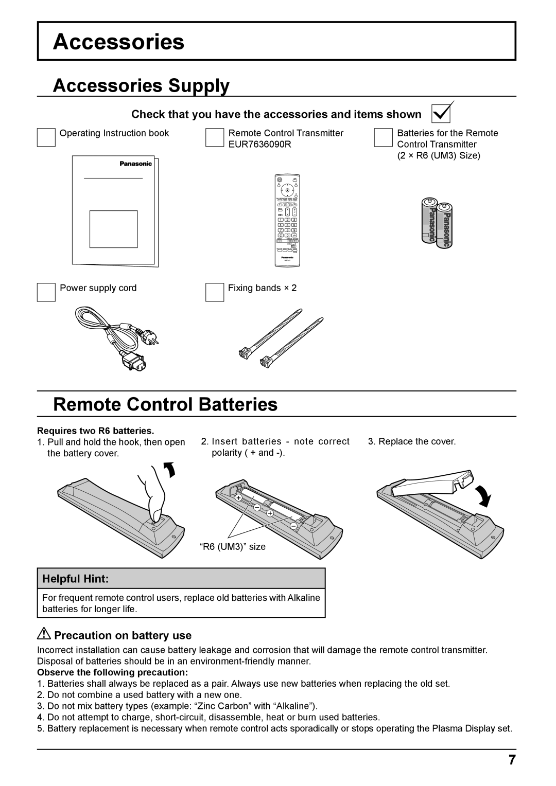 Philips TH-42PH10EK operating instructions Accessories Supply, Remote Control Batteries 