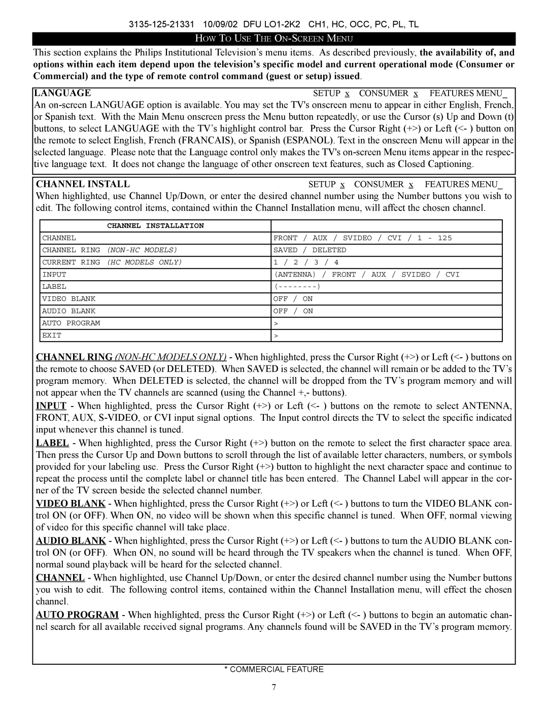 Philips TL, TC, HC, CH1, PC, OCC, PL manual Languagesetup x Consumer x Features Menu 