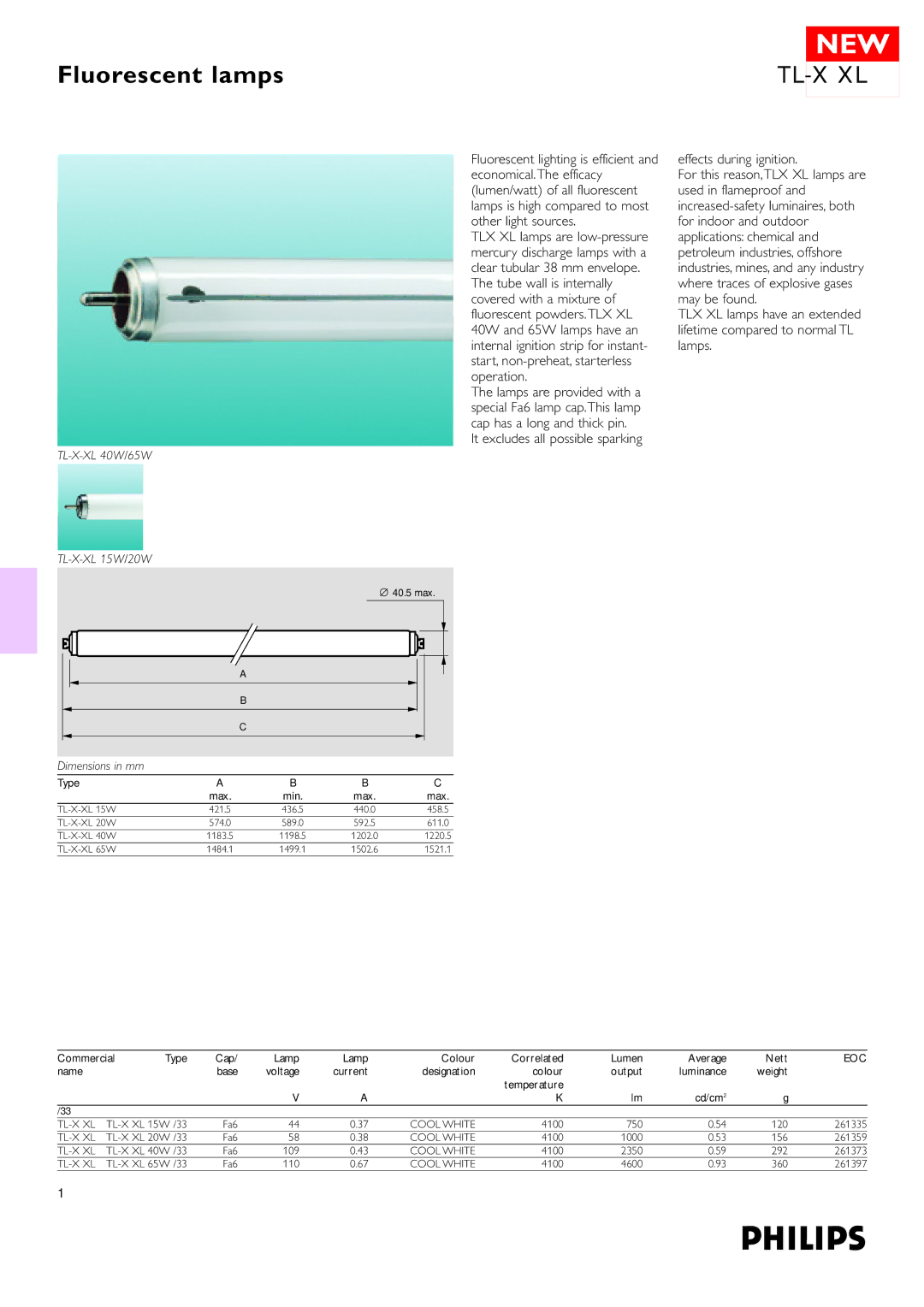 Philips TL-X XL dimensions It excludes all possible sparking Effects during ignition, TL-X-XL 40W/65W TL-X-XL 15W/20W, Eoc 