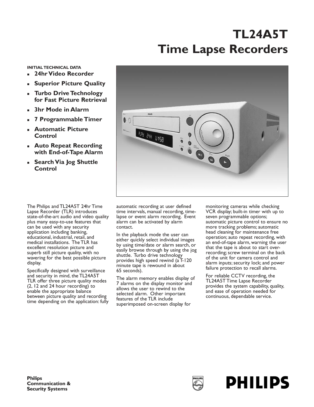 Philips TL24A5T manual Time Lapse Recorders 