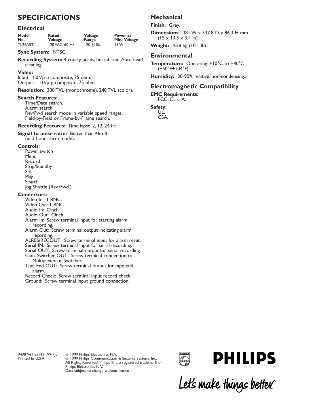 Philips TL24A5T manual Specifications, Electrical, Mechanical, Environmental, Electromagnetic Compatibility 