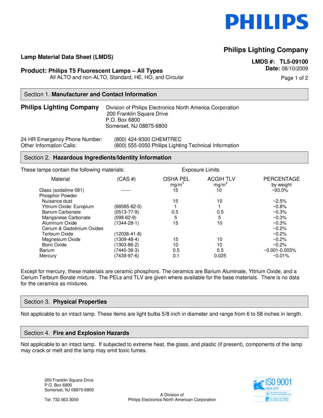 Philips manual Lamp Material Data Sheet Lmds, Lmds # TL5-09100, Product Philips T5 Fluorescent Lamps All Types 