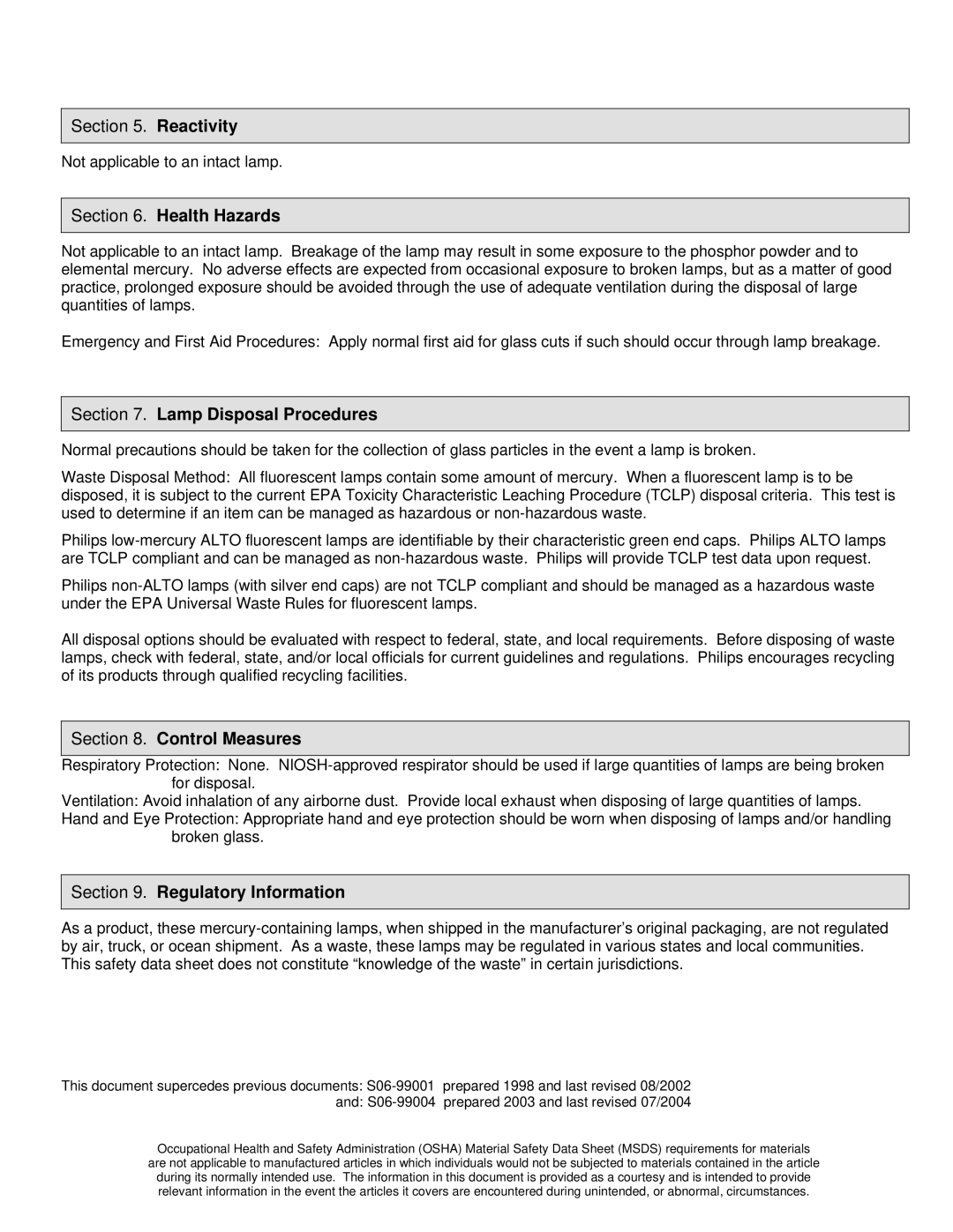 Philips TL5-09100 manual Health Hazards, Lamp Disposal Procedures, Control Measures, Regulatory Information 