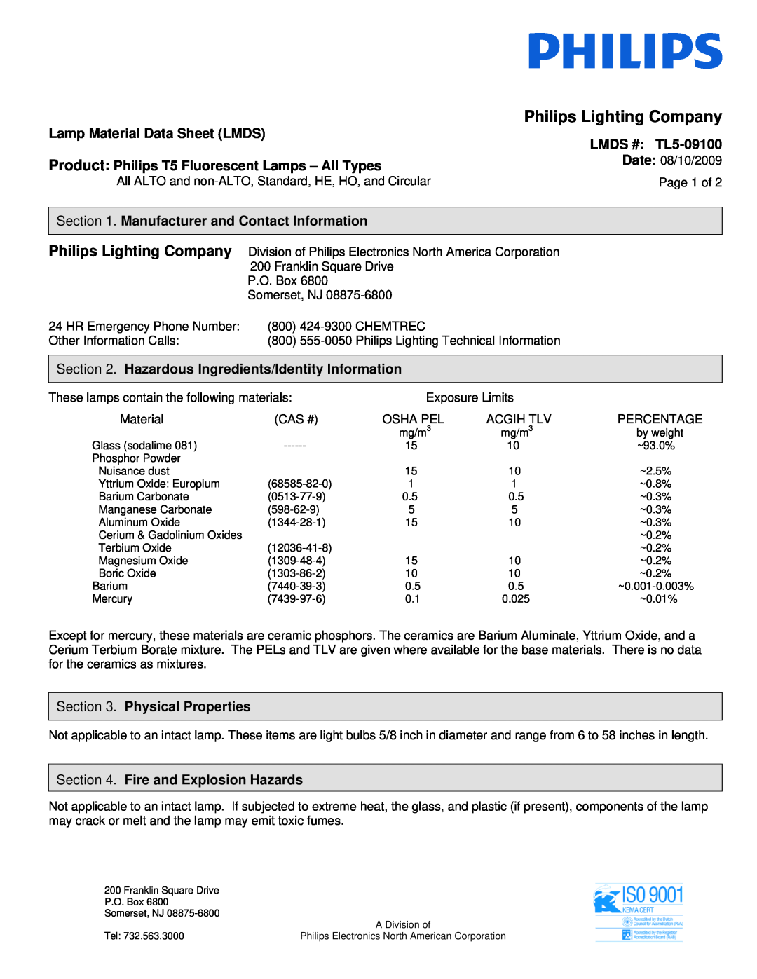 Philips manual Lamp Material Data Sheet LMDS, LMDS # TL5-09100, Product Philips T5 Fluorescent Lamps - All Types 