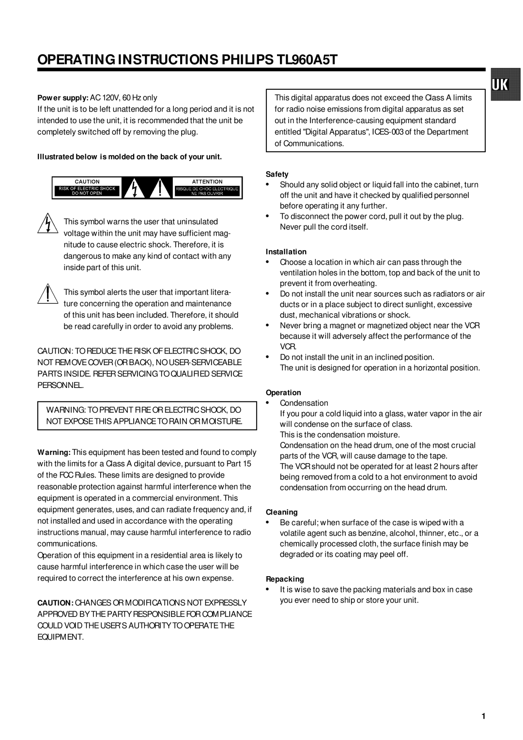 Philips operating instructions Operating Instructions Philips TL960A5T 