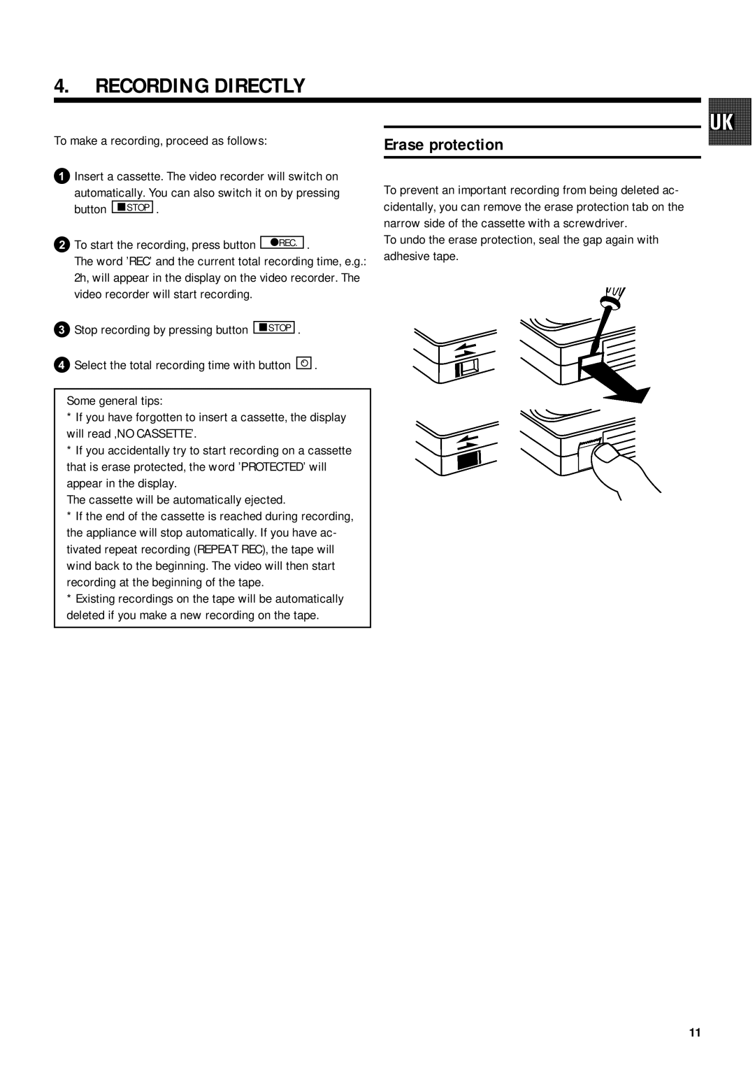 Philips TL960A5T operating instructions Recording Directly, Erase protection 