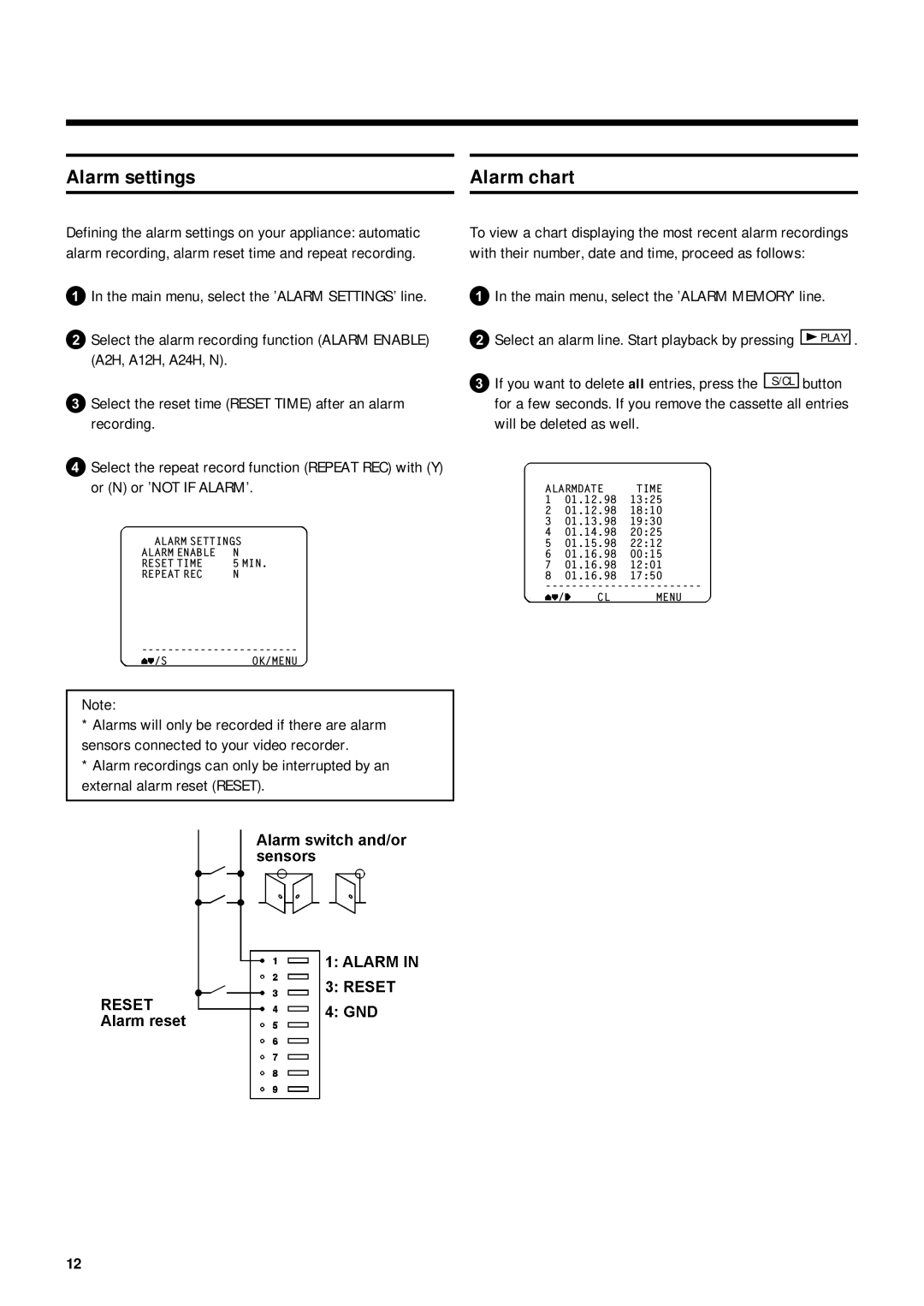 Philips TL960A5T Alarm settings, Alarm chart, 2Select an alarm line. Start playback by pressing, Will be deleted as well 