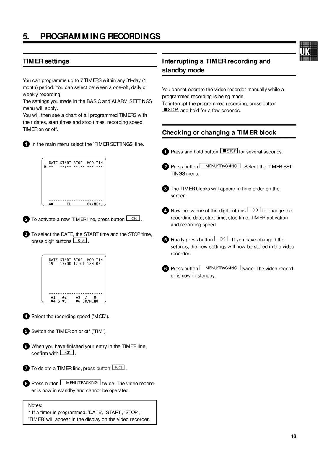 Philips TL960A5T Programming Recordings, Timer settings, Interrupting a Timer recording and standby mode 