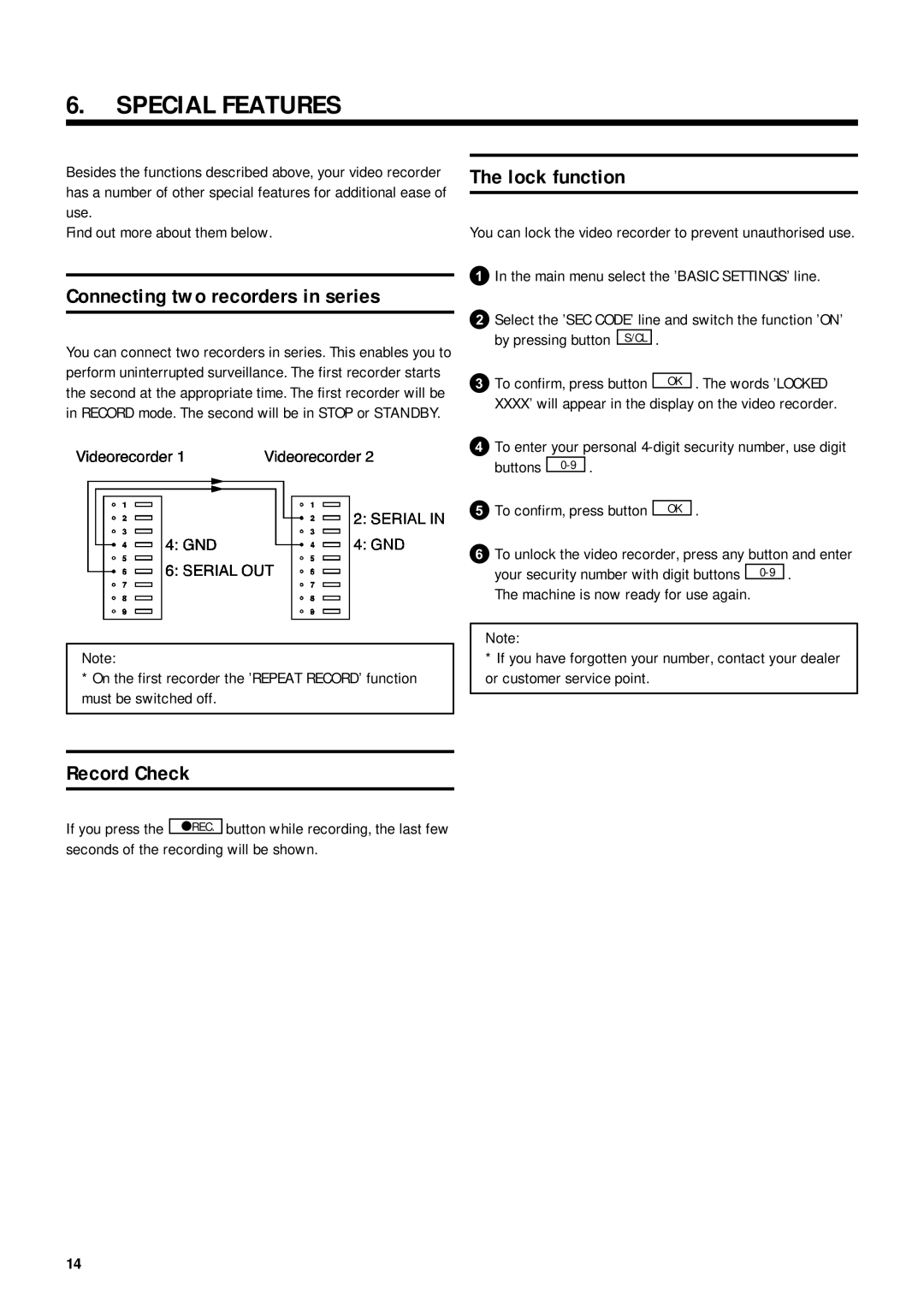 Philips TL960A5T operating instructions Special Features, Connecting two recorders in series, Lock function, Record Check 