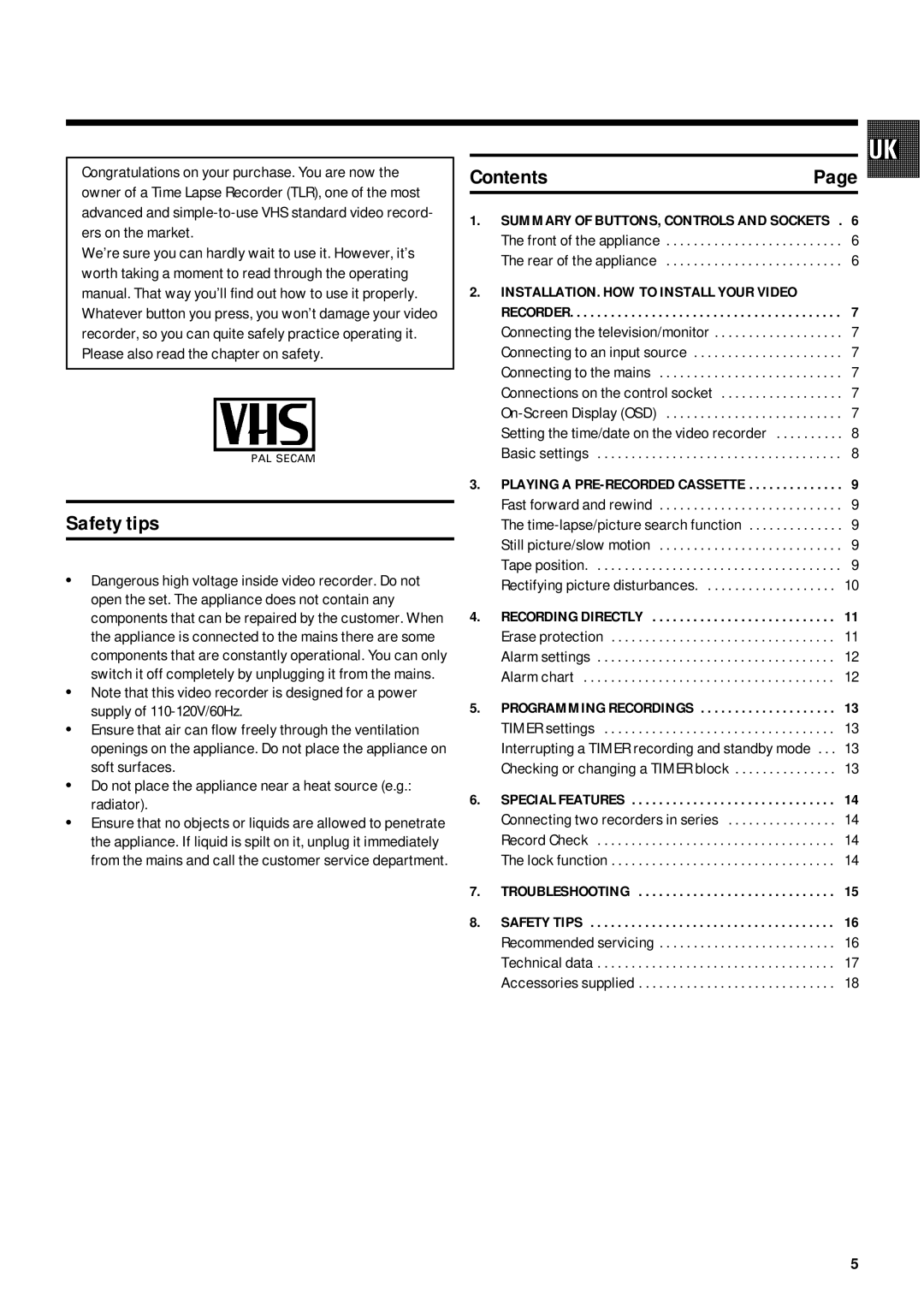 Philips TL960A5T operating instructions Safety tips, Contents 