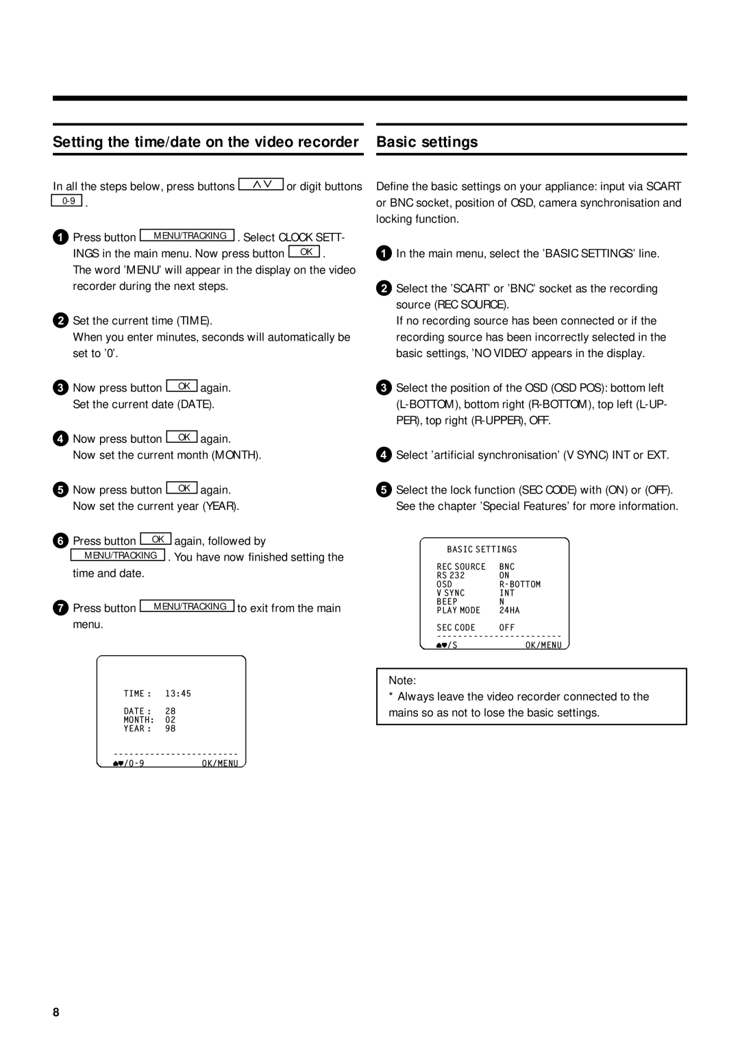 Philips TL960A5T operating instructions Basic settings, Setting the time/date on the video recorder 