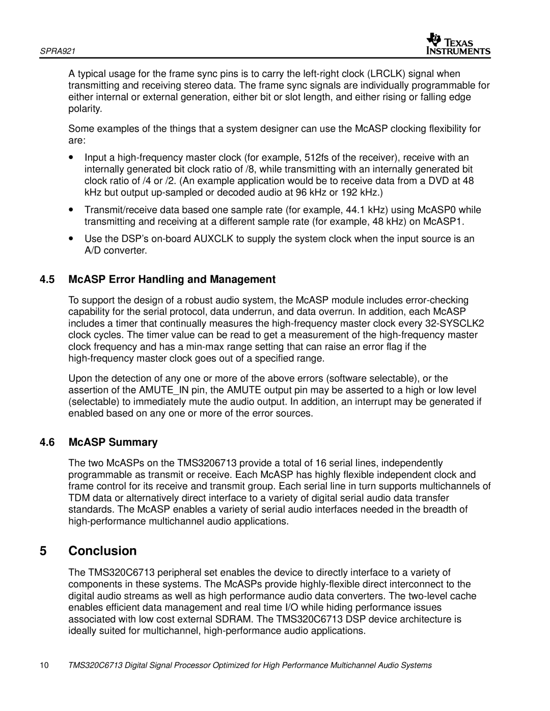 Philips TMS320C6713 manual Conclusion, McASP Error Handling and Management, McASP Summary 