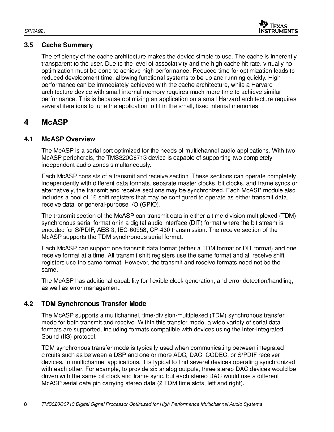 Philips TMS320C6713 manual Cache Summary, McASP Overview, TDM Synchronous Transfer Mode 