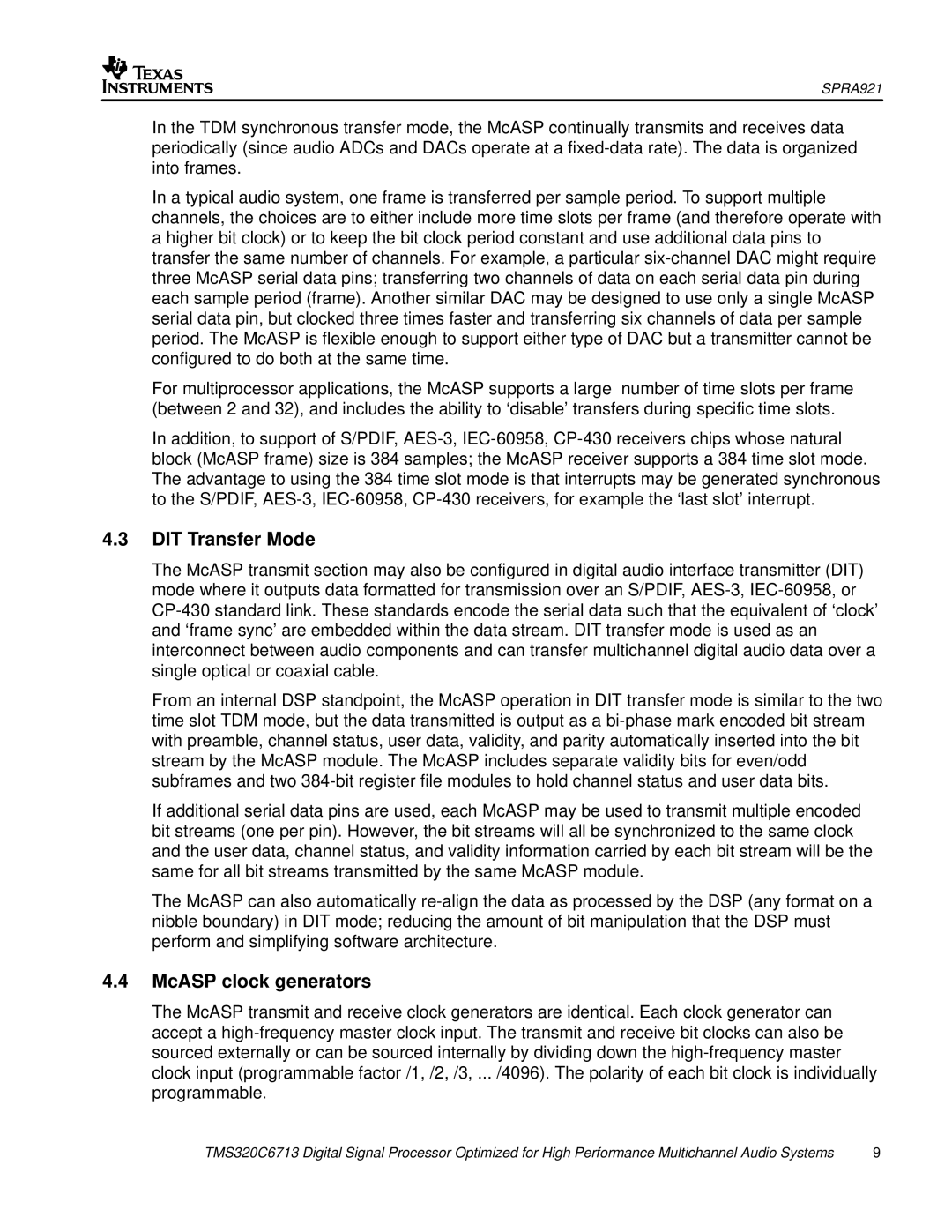 Philips TMS320C6713 manual DIT Transfer Mode, McASP clock generators 