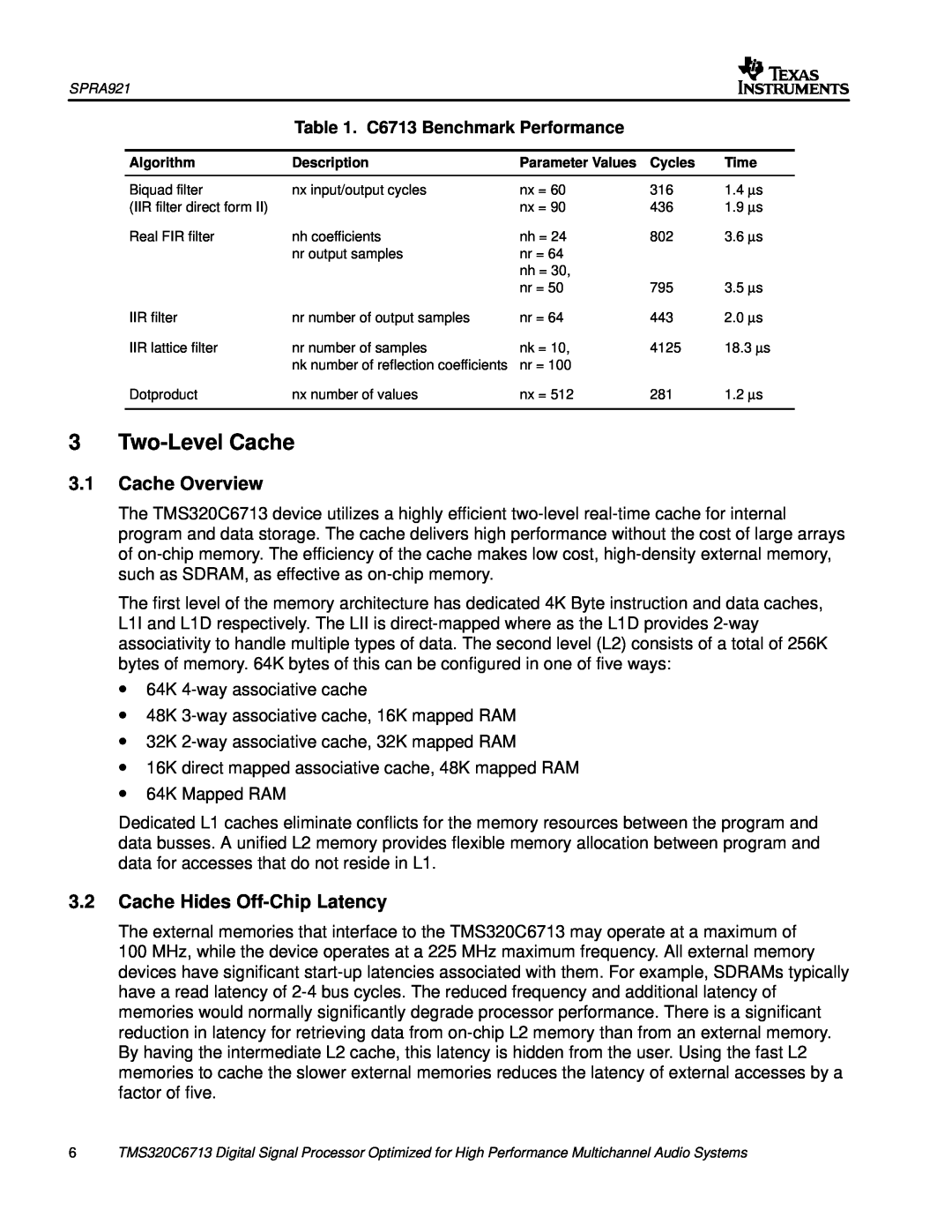 Philips TMS320C6713 manual Two-Level Cache, Cache Overview, Cache Hides Off-Chip Latency, C6713 Benchmark Performance 