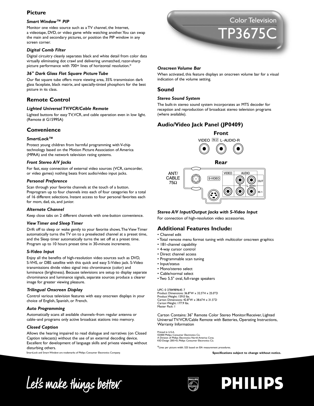 Philips TP 3675C manual Picture, Remote Control, Convenience, Sound, Audio/Video Jack Panel JP0409 Front Rear 