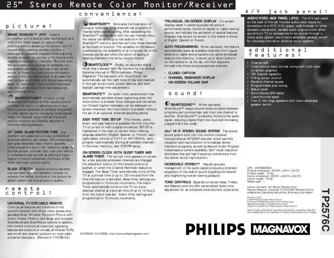 Philips TP2576C manual C t u r e, M o t e N t r o l, N v e n i e n c e, U n d, D i t i o n a l f e a t u r e s 