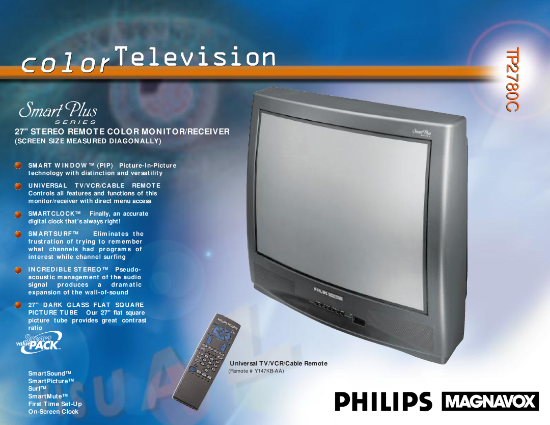 Philips manual Universal TV/VCR/Cable Remote, colorTelevision, TP2780CTP2780C, Stereo Remote Color Monitor/Receiver 
