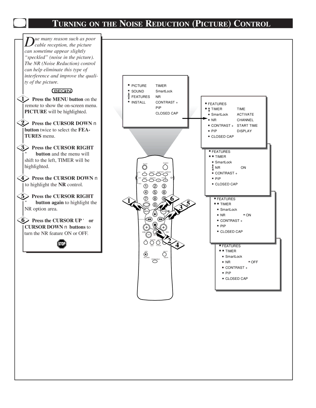 Philips TP2781, TP3281, TP3681 manual Turning on the Noise Reduction Picture Control, Press the Cursor Down 