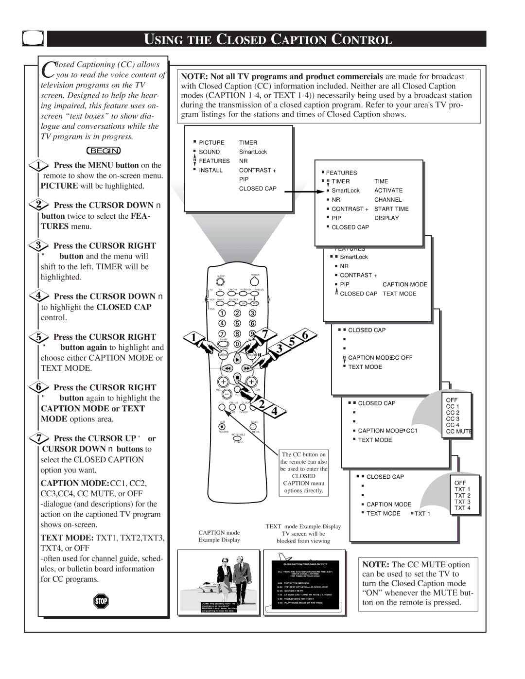 Philips TP2781, TP3281, TP3681 manual Using the Closed Caption Control 