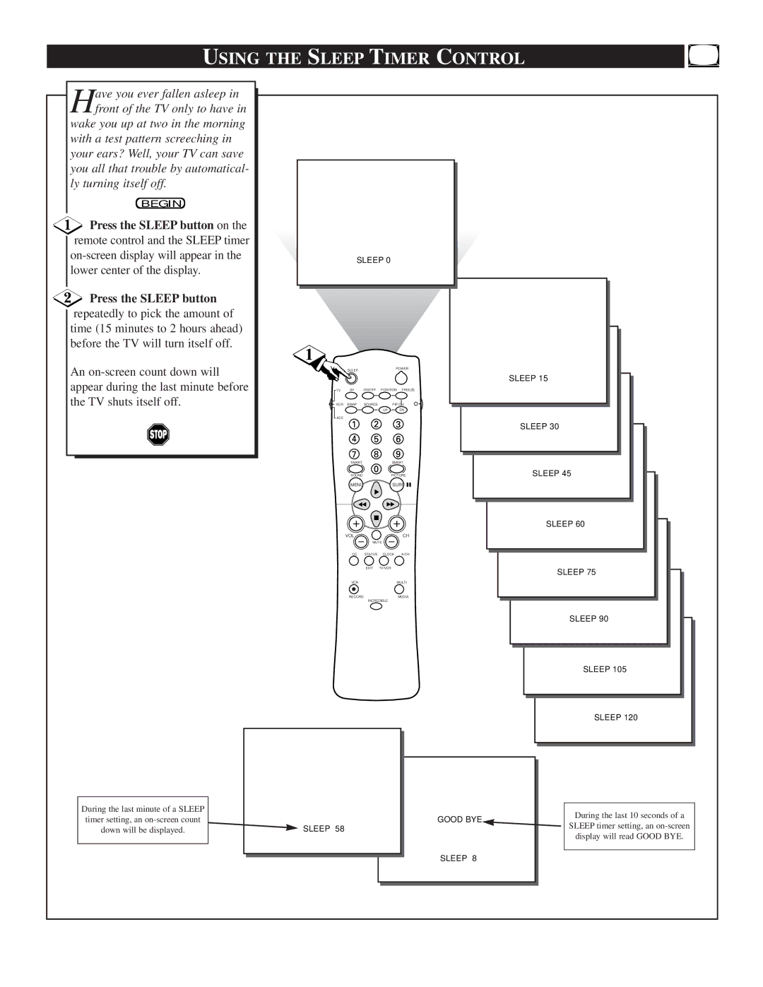 Philips TP2781, TP3281, TP3681 manual Using the Sleep Timer Control, An on-screen count down will 