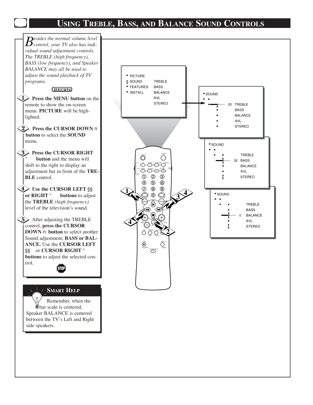 Philips TP2781, TP3281, TP3681 manual Using TREBLE, BASS, and Balance Sound Controls, Menu 