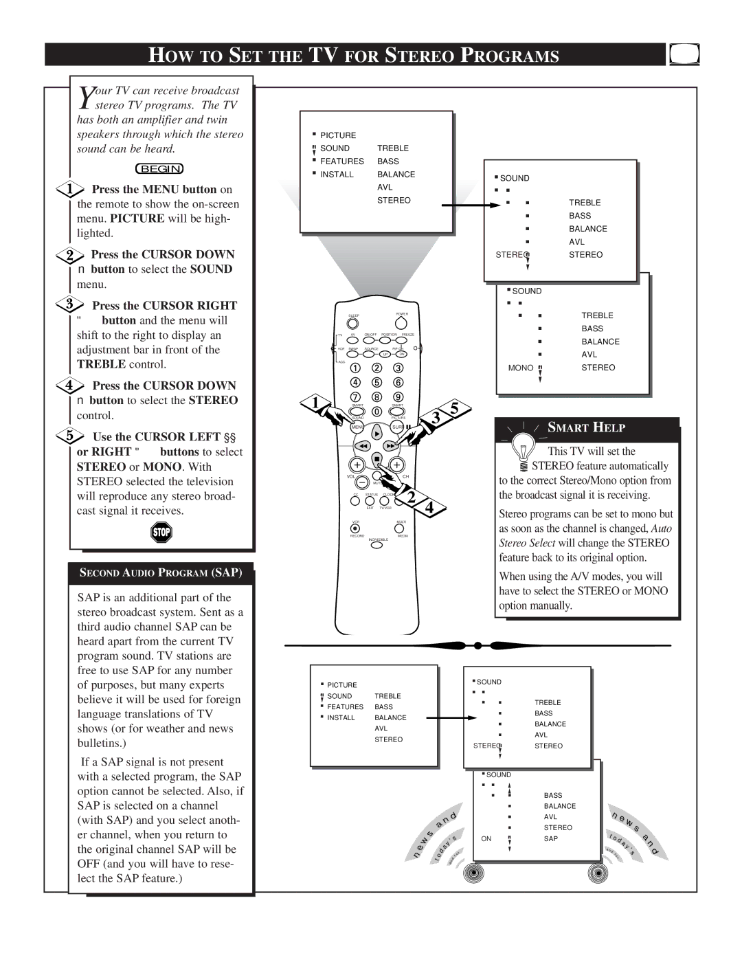 Philips TP2781, TP3281, TP3681 manual HOW to SET the TV for Stereo Programs, Button to select the Sound menu 